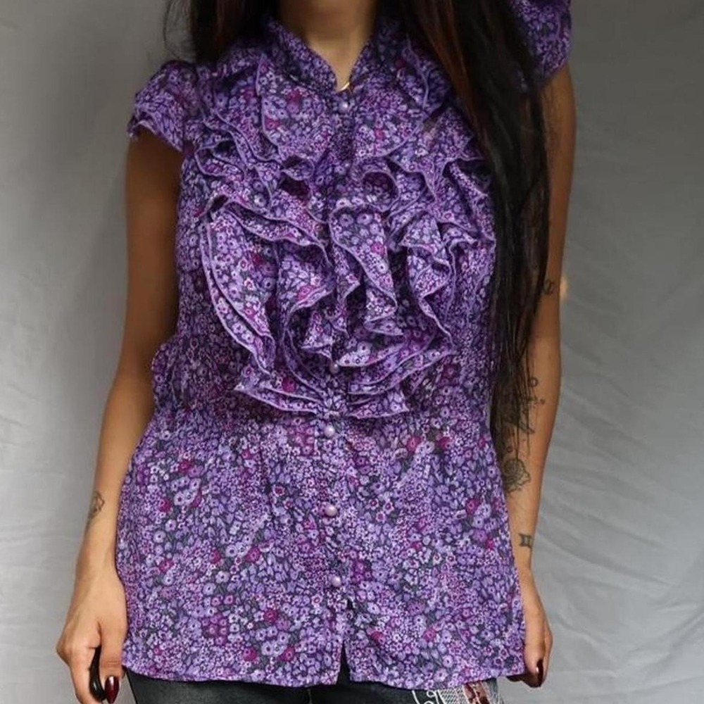 Euro Purple Floral Ruffle Blouse
